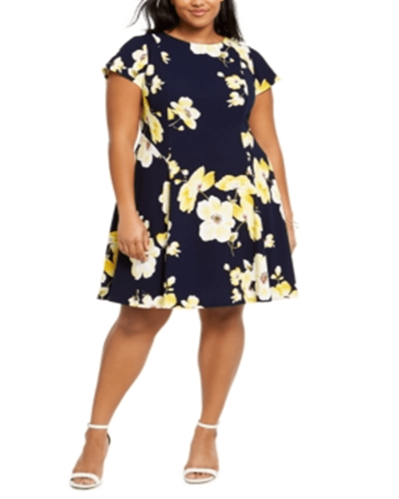 Front of a model wearing a size 14W Jessica Howard Women's Plus Floral Print a Line Dress Navy Size 14W in Blue by Jessica Howard. | dia_product_style_image_id:312835